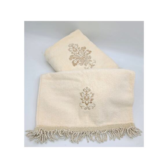 ALL COTTON Elegant Decorative Fancy Fringed 2 pc Set Cream/Gold Bath/Hand Towels - Picture 2 of 3